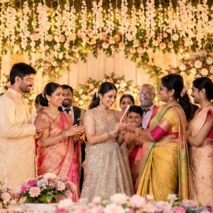 Indian engagement couple celebrating with family members at the ceremony