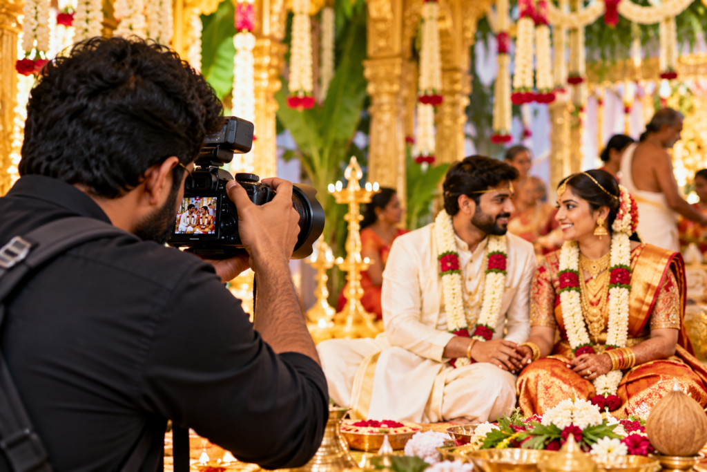 Wedding photographer capturing South Indian wedding couple