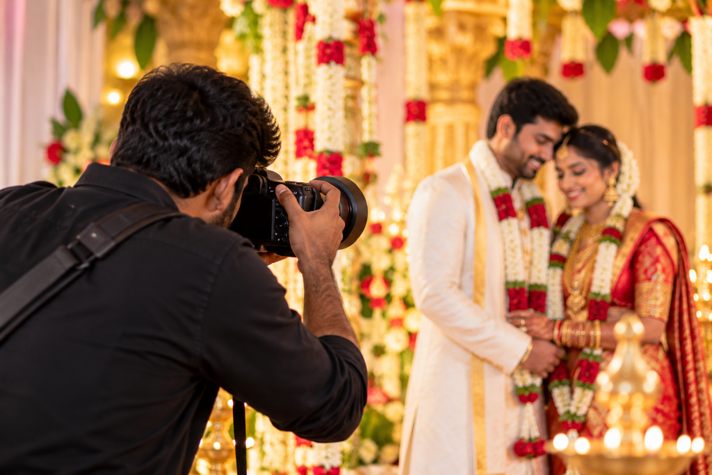 Wedding photographer capturing Indian wedding couple