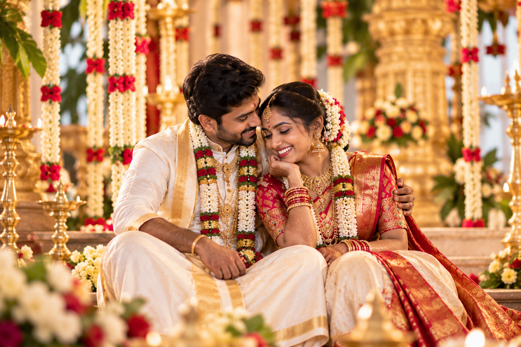 South Indian bride and groom wedding portrait