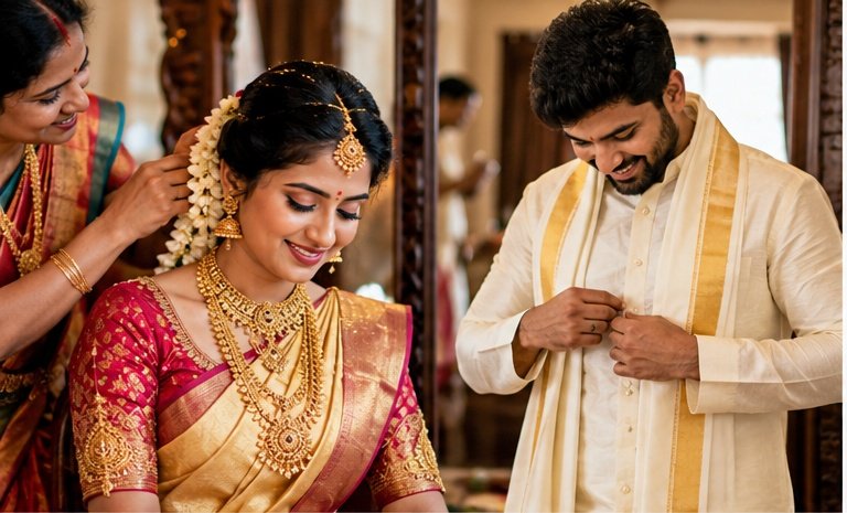 South Indian bride getting ready in a traditional silk saree