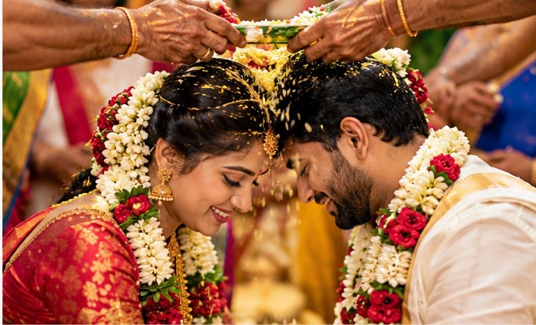 South Indian wedding photography during Jeelakarra Bellam ritual