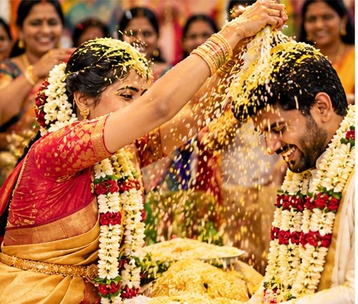 Bride and groom celebrating the traditional Talambralu ceremony