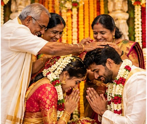 Family blessing South Indian wedding couple