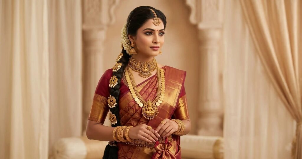South Indian bride in traditional silk saree and gold jewellery