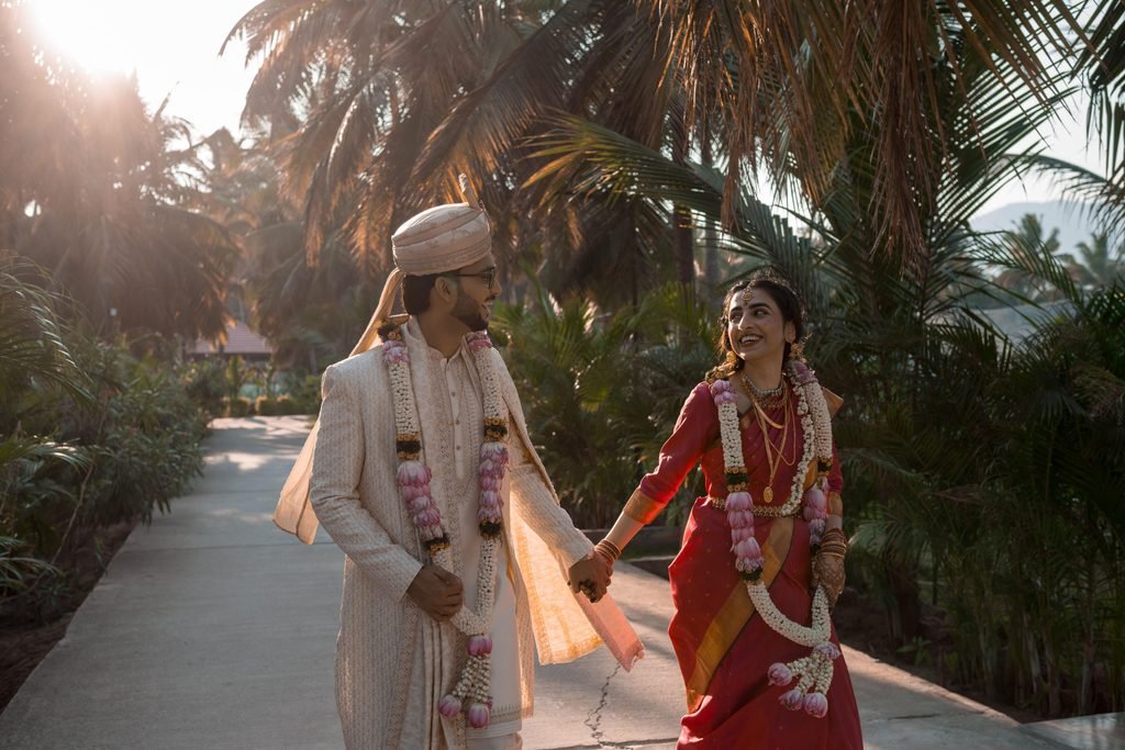 South Indian bride and groom in a traditional wedding couple portrait