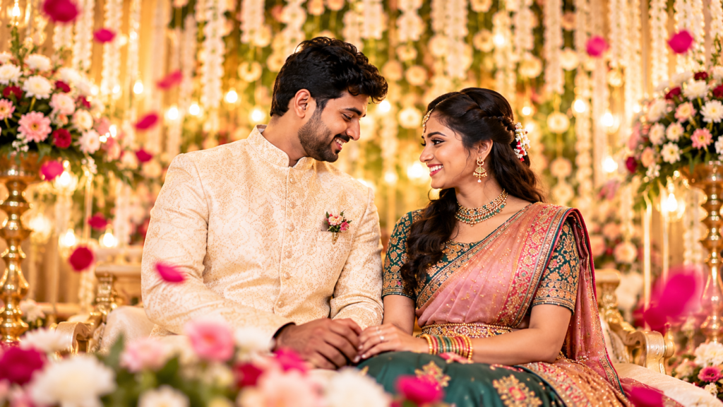 Indian engagement couple sitting together in traditional outfits on a decorated floral stage