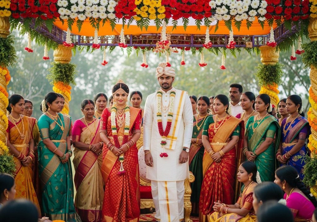South Indian wedding couple posing with family members in traditional attire