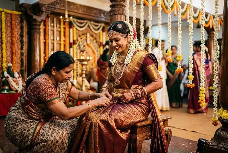 South Indian bride getting ready in a traditional silk saree and gold jewellery