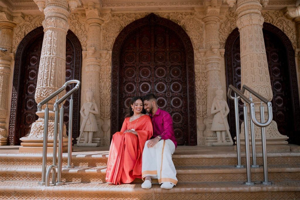 Pre-Wedding Photography Ideas with a South Indian couple in traditional silk outfits