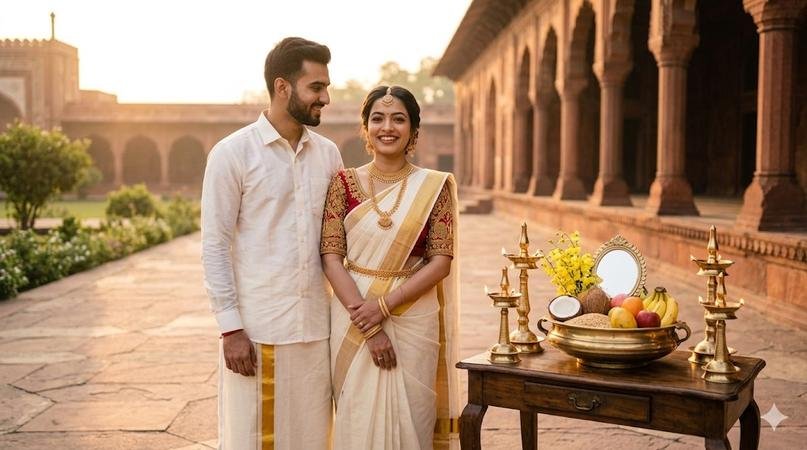 Pre-Wedding Photography Ideas for Indian couples in elegant South Indian traditional outfits