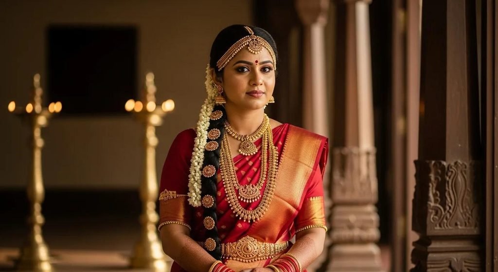 South Indian bride in traditional silk saree and gold jewellery