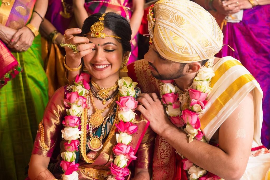 South Indian bride and groom natural wedding portrait